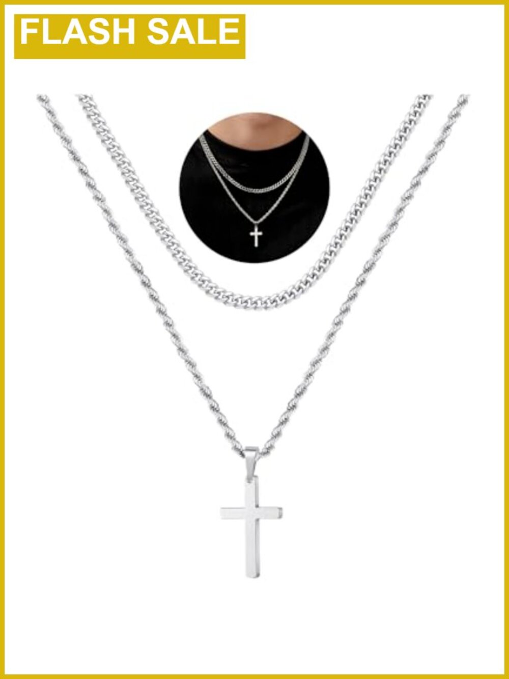 Men's Stainless Steel Cross Necklace 18/20 Inch Lobster Clasp Layered Set